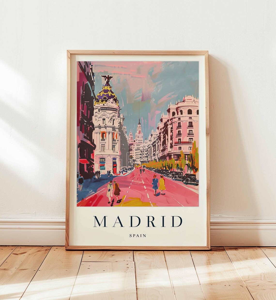 Madrid Spain Pink Gran Via Vintage Cars Retro Travel Art Poster