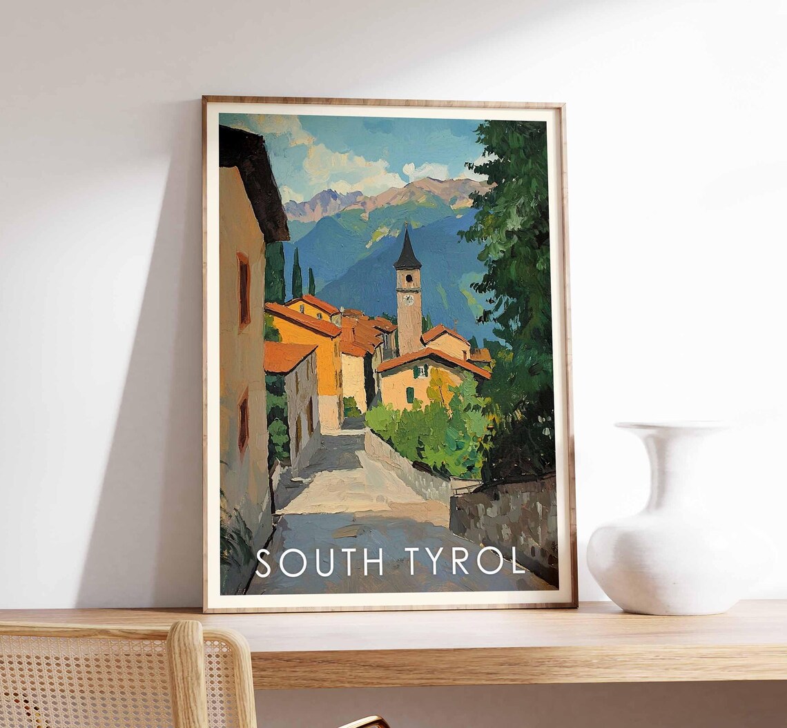South Tyrol Village Italy Alpine Street Church Mountain Travel Poster