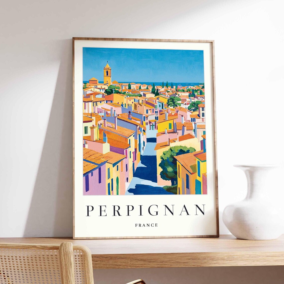 Perpignan France Colorful Rooftop Cityscape Church Tower Poster
