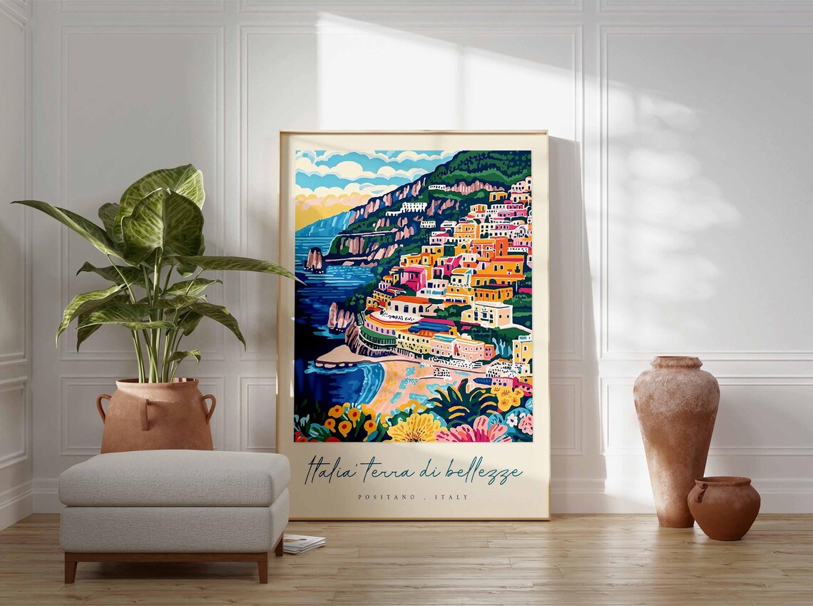 Positano Italy Colorful Cliffside Town Curved Beach Pop Art Poster - Image 3