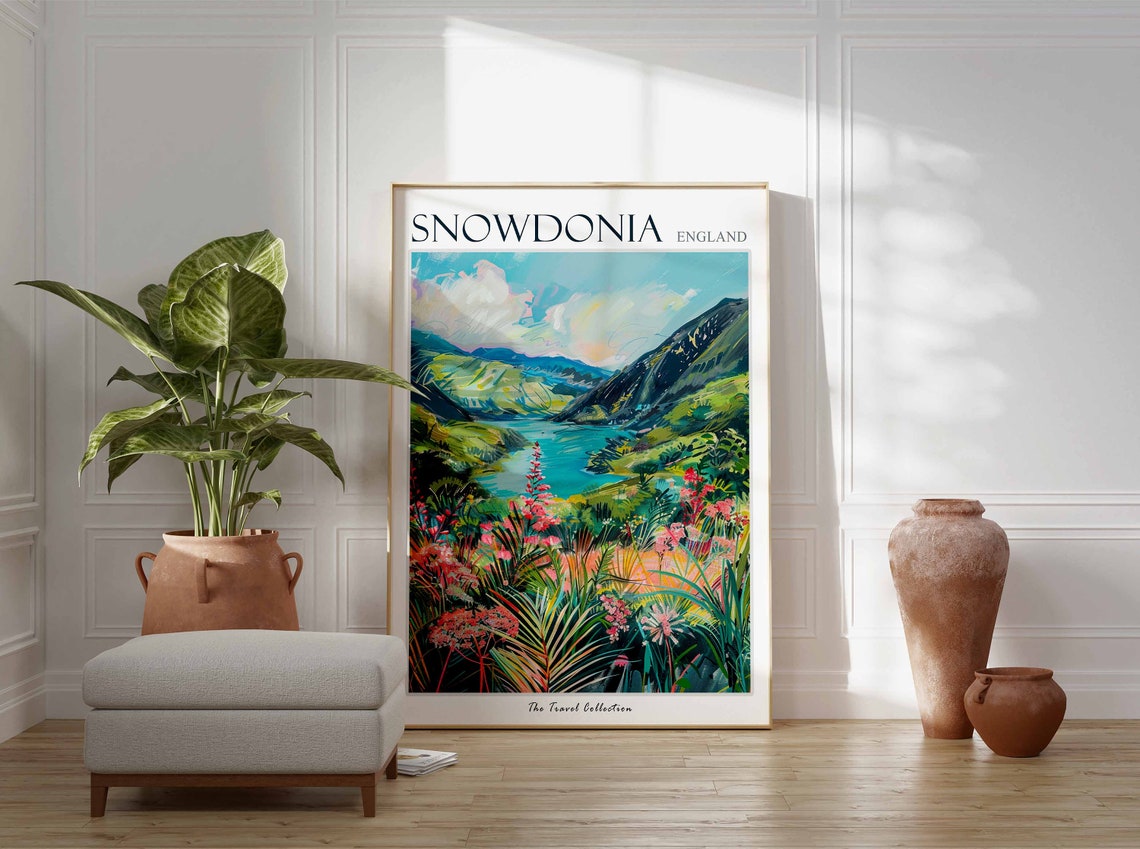 Snowdonia Mountain Lake Pink Wildflowers Valley Landscape Poster - Image 2
