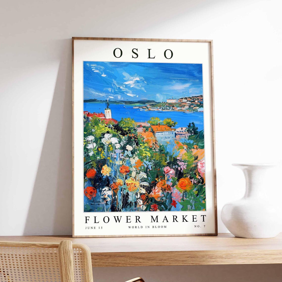 Oslo Flower Market Fjord Lighthouse Impasto Blooms Art Poster