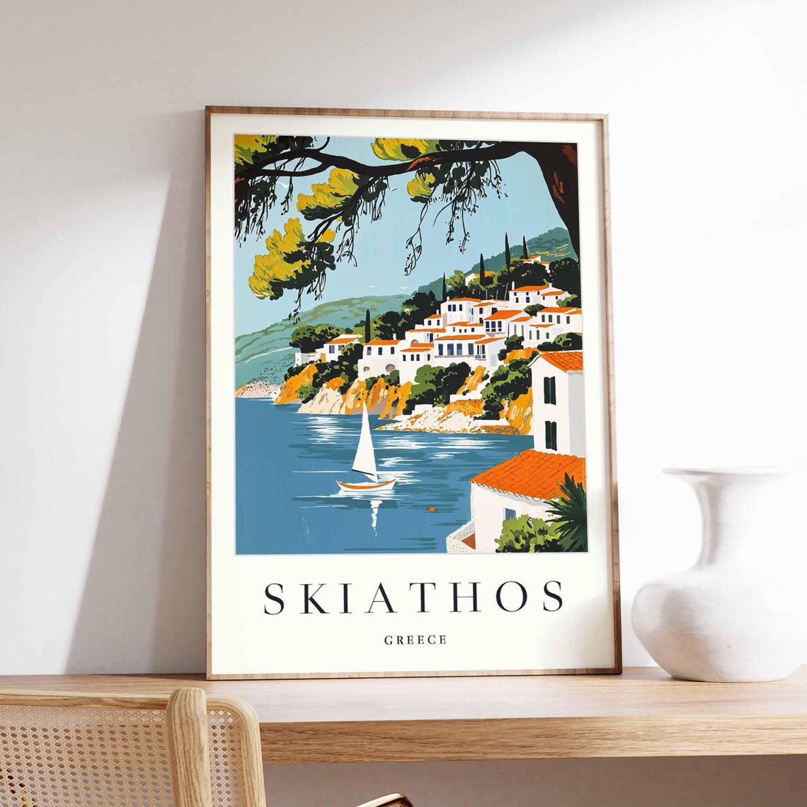 Skiathos Greece Sailboat Rocky Shore Old Town Sea Travel Poster