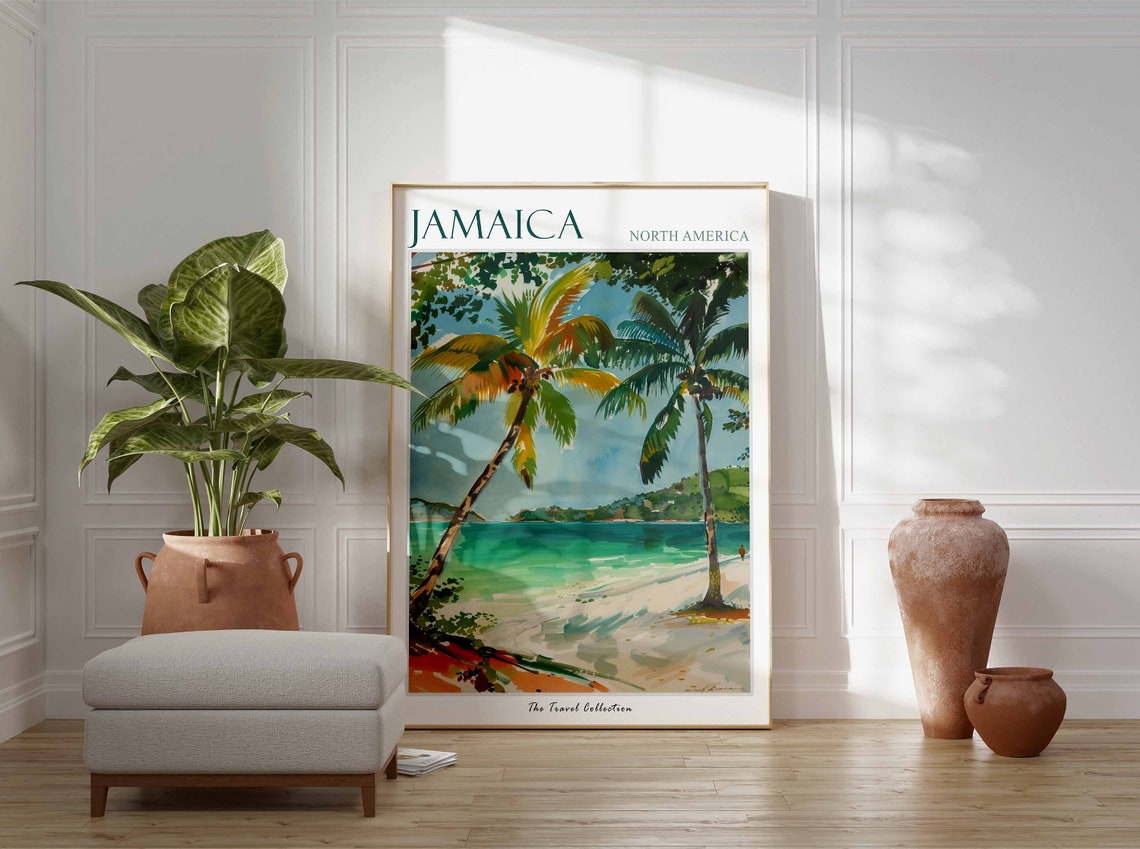 Jamaica Leaning Palms Beach Turquoise Water Art Travel Poster - Image 2