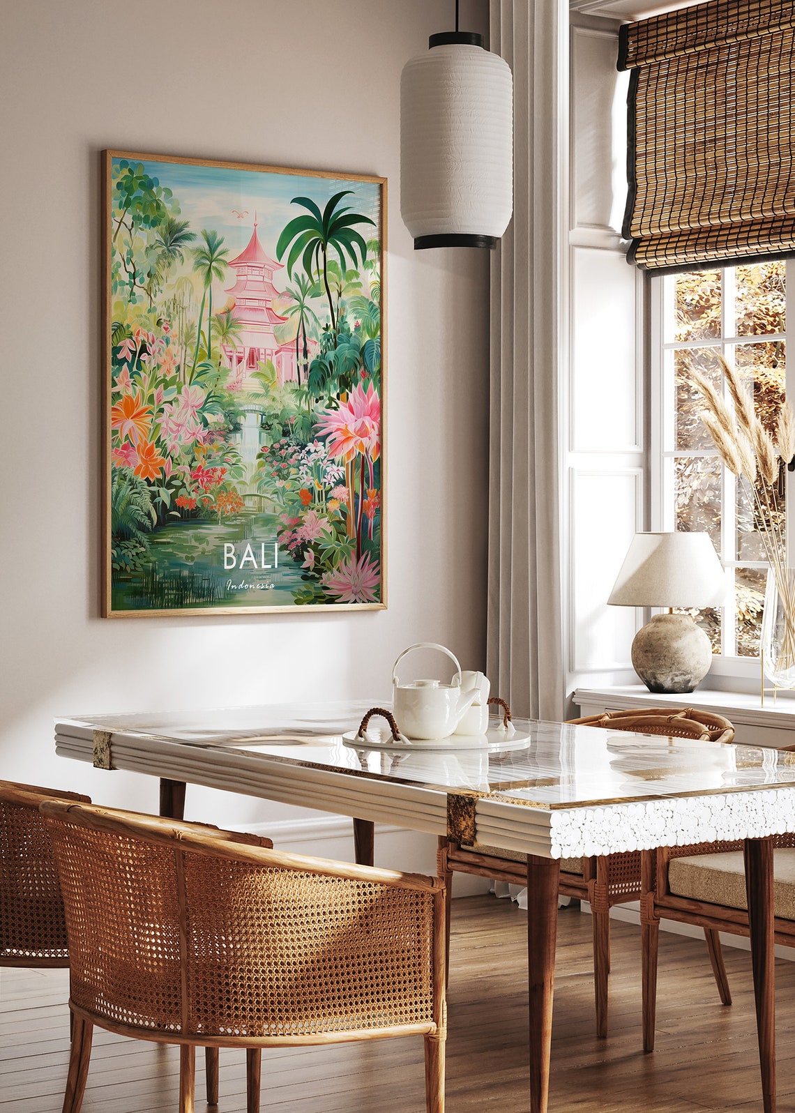 Bali Indonesia Pink Temple Tropical Garden Flowers Travel Poster - Image 3