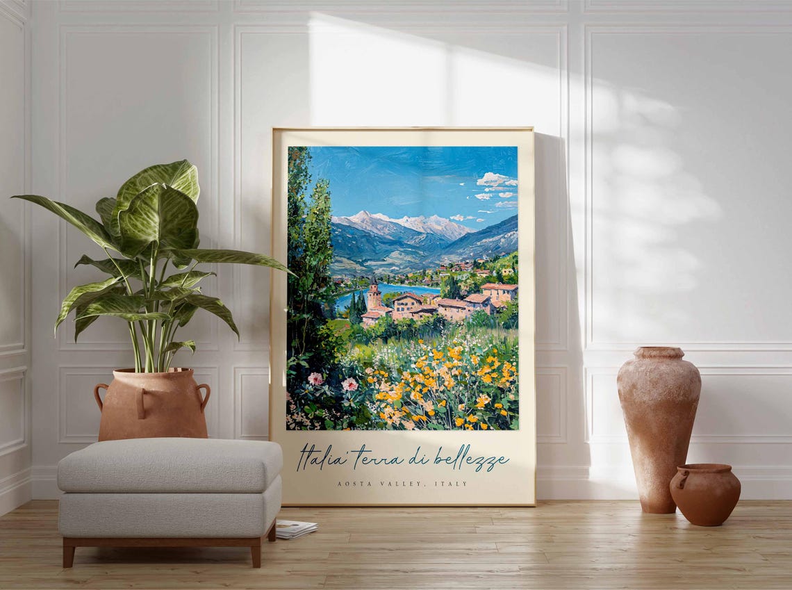 Aosta Valley Lakeside Town Wildflower Meadow Peaks Travel Poster - Image 3