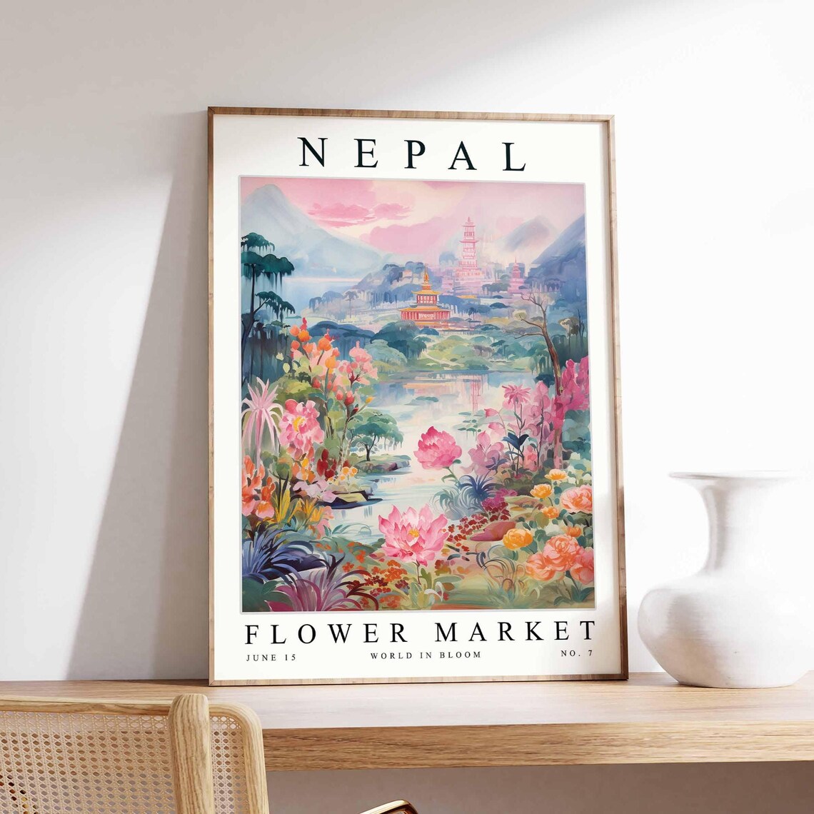 Nepal Flower Market Colorful Garden Village Scene Art Poster