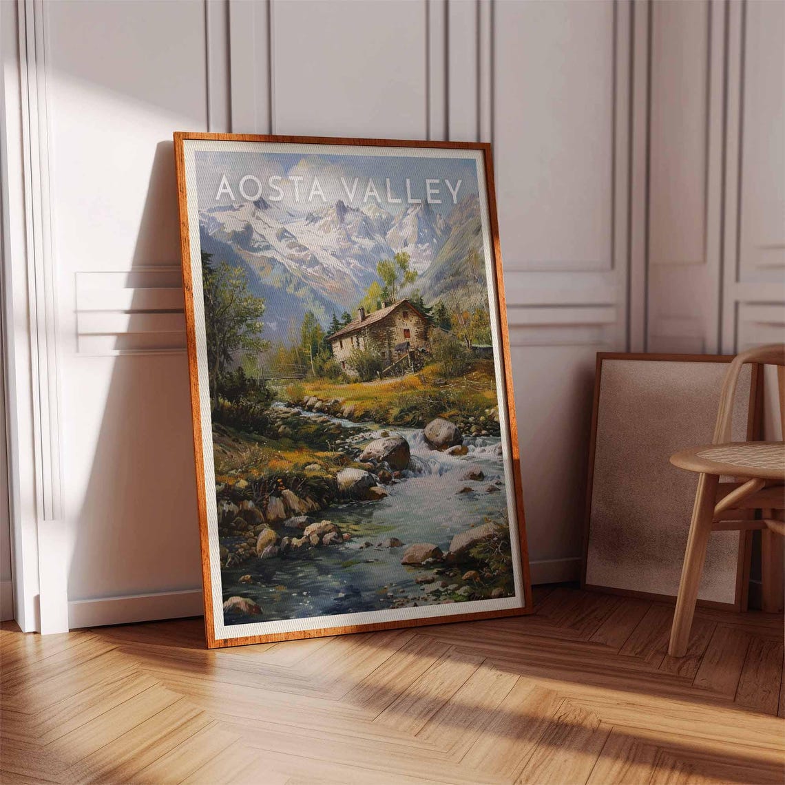 Aosta Valley Italy Realist Stream Stone Cabin Snow Peaks Poster - Image 2