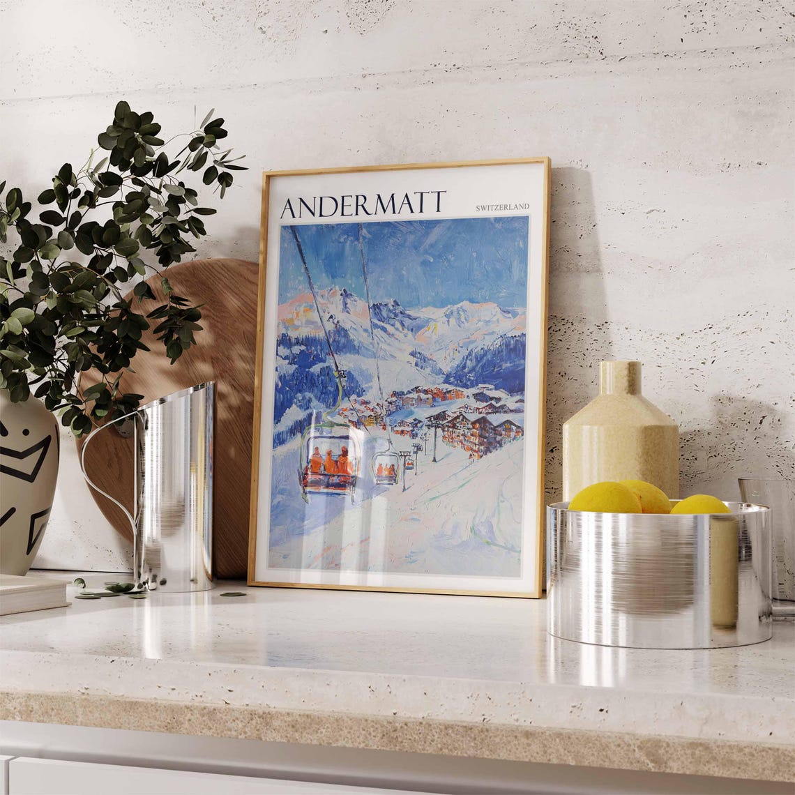 Andermatt Switzerland Chairlift Riders Over Snowy Ski Village Poster - Image 2