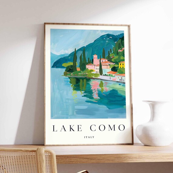 Lake Como Italy Painted Lakeside Village Scenic Travel Poster