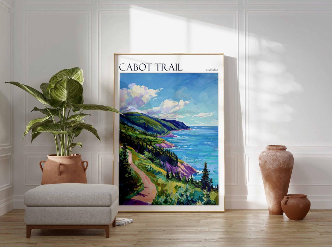 Cabot Trail Canada Lush Green Hillside Trail Ocean Scene Poster - Image 2