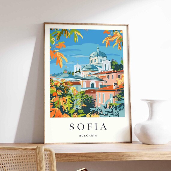 Sofia Bulgaria Domed Church Autumn Leaves Painterly Art Poster