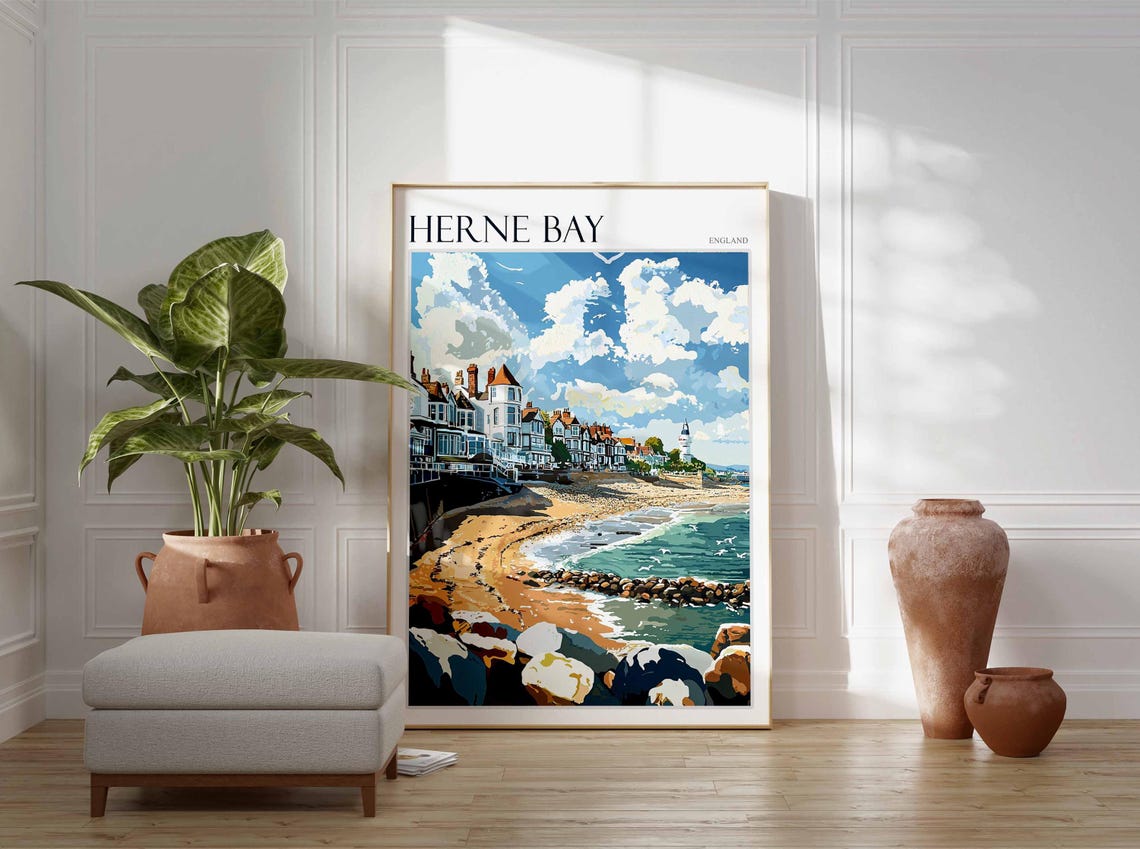 Herne Bay England Rocky Shore Cottages Clock Tower Clouds Poster - Image 3