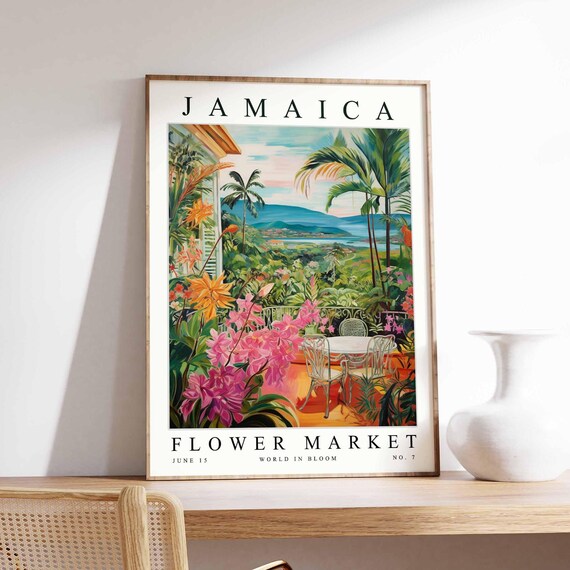 Jamaica Flower Market Poster Print Jamaican Floral Wall Art Decor Botanical Caribbean Travel