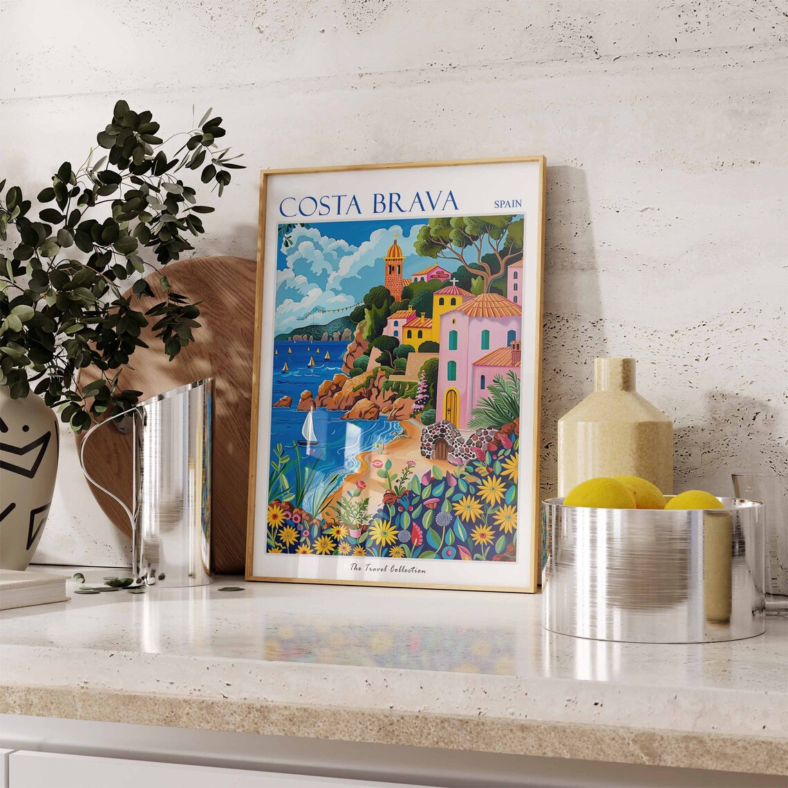 Costa Brava Spain Coastal Village Sailboats Floral Travel Poster - Image 2