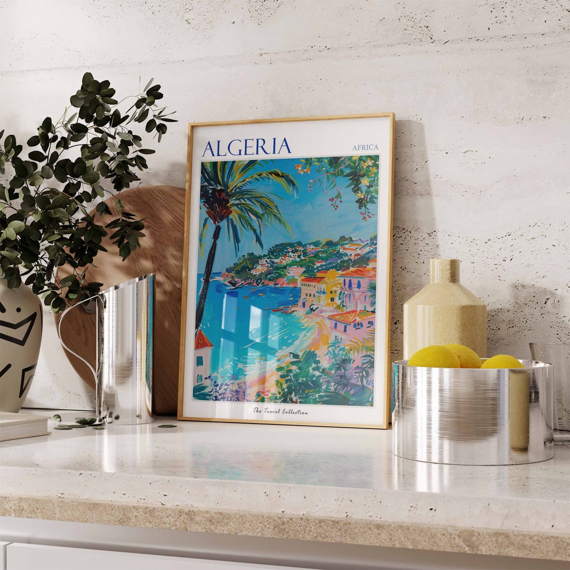 Algeria Africa Turquoise Bay Palm Tree and Terracotta Roofs Poster - Image 2