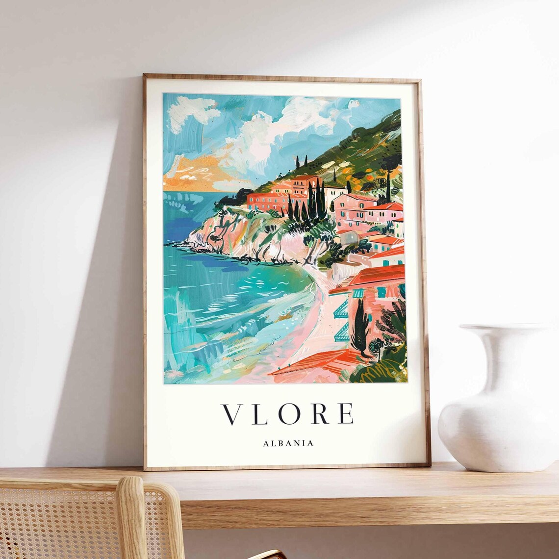 Vlore Albania Turquoise Coast Red Roof Village Travel Poster