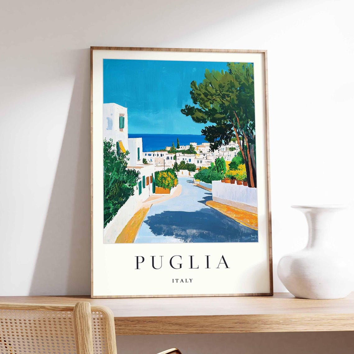Puglia Italy White Hill Town Blue Sea Winding Road View Poster