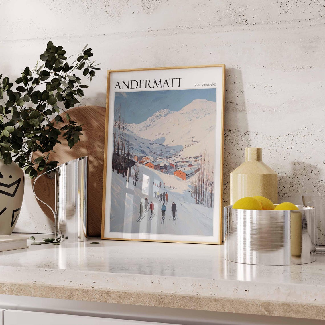 Andermatt Switzerland Skiers Heading To Snowy Village Slopes Poster - Image 2
