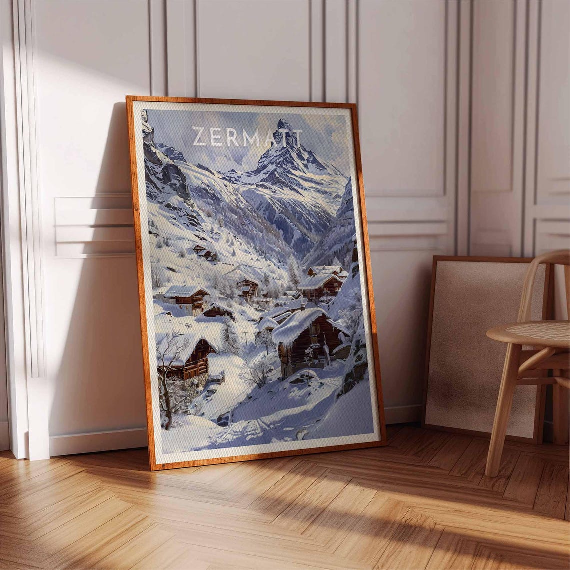 Zermatt Wooden Chalets Beneath Matterhorn Snow Winter Art Poster - Image 3