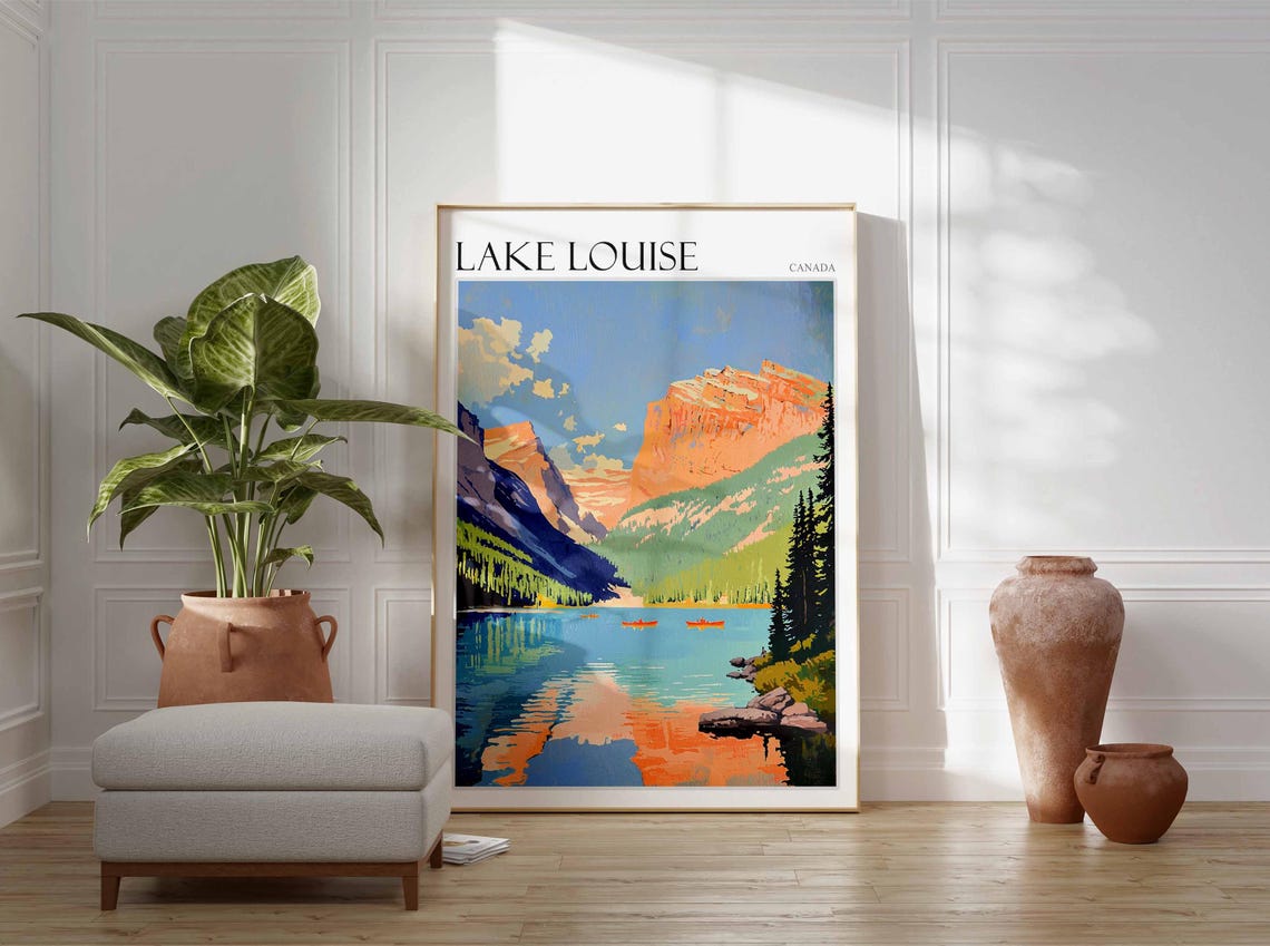 Lake Louise Canada Red Canoes Orange Cliffs Lakeside Art Poster - Image 2