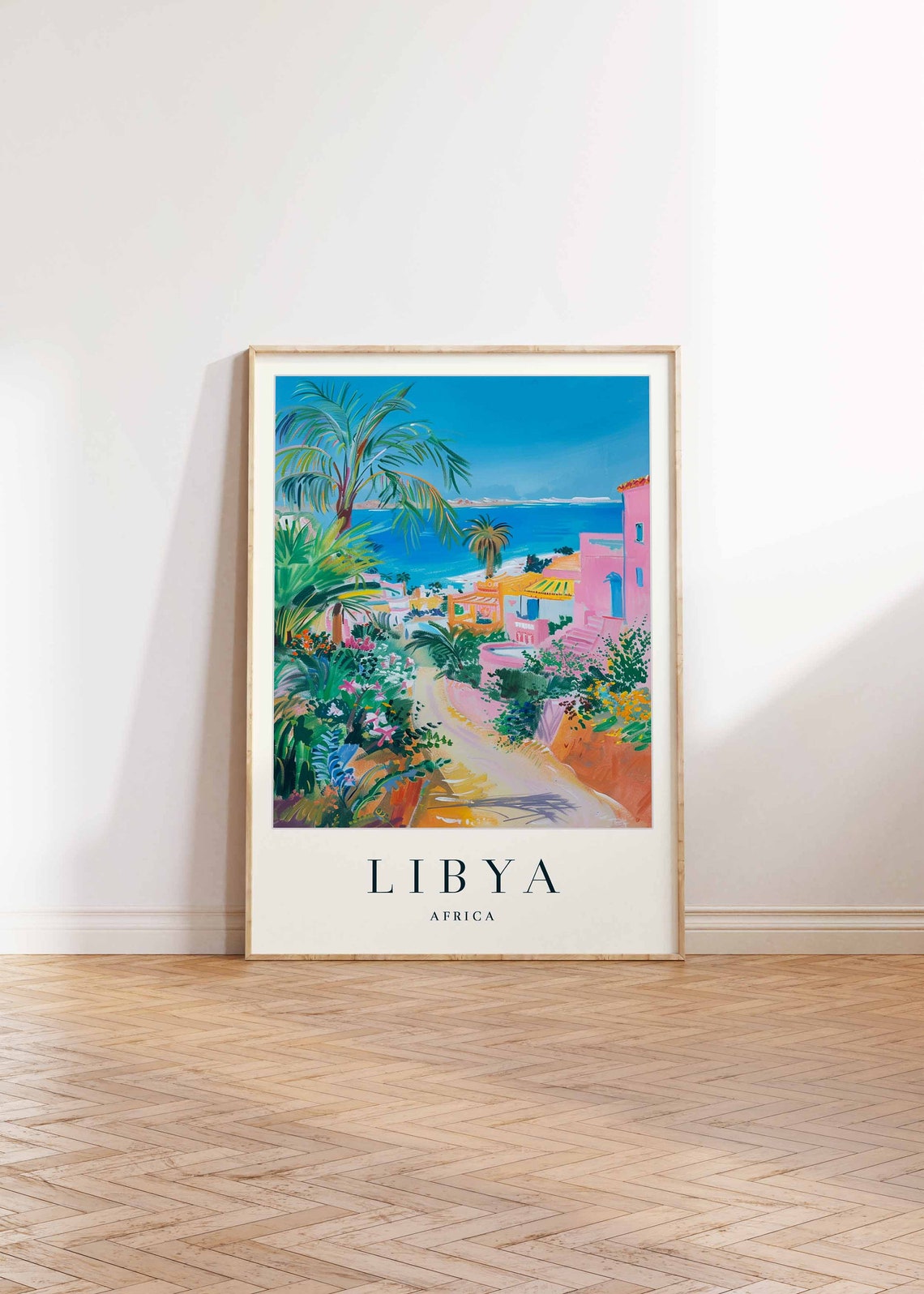 Libya Africa Colorful Coastal Town Palm Tree Scene Art Travel Poster - Image 2