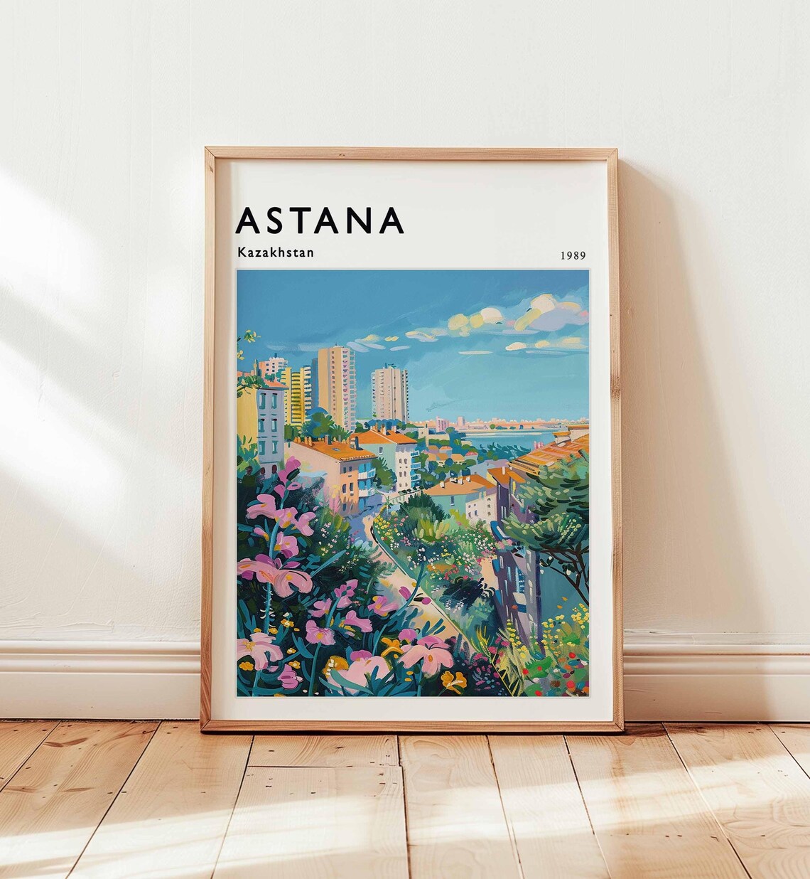 Astana Kazakhstan 1989 Flower Garden Modern City Skyline Travel Poster