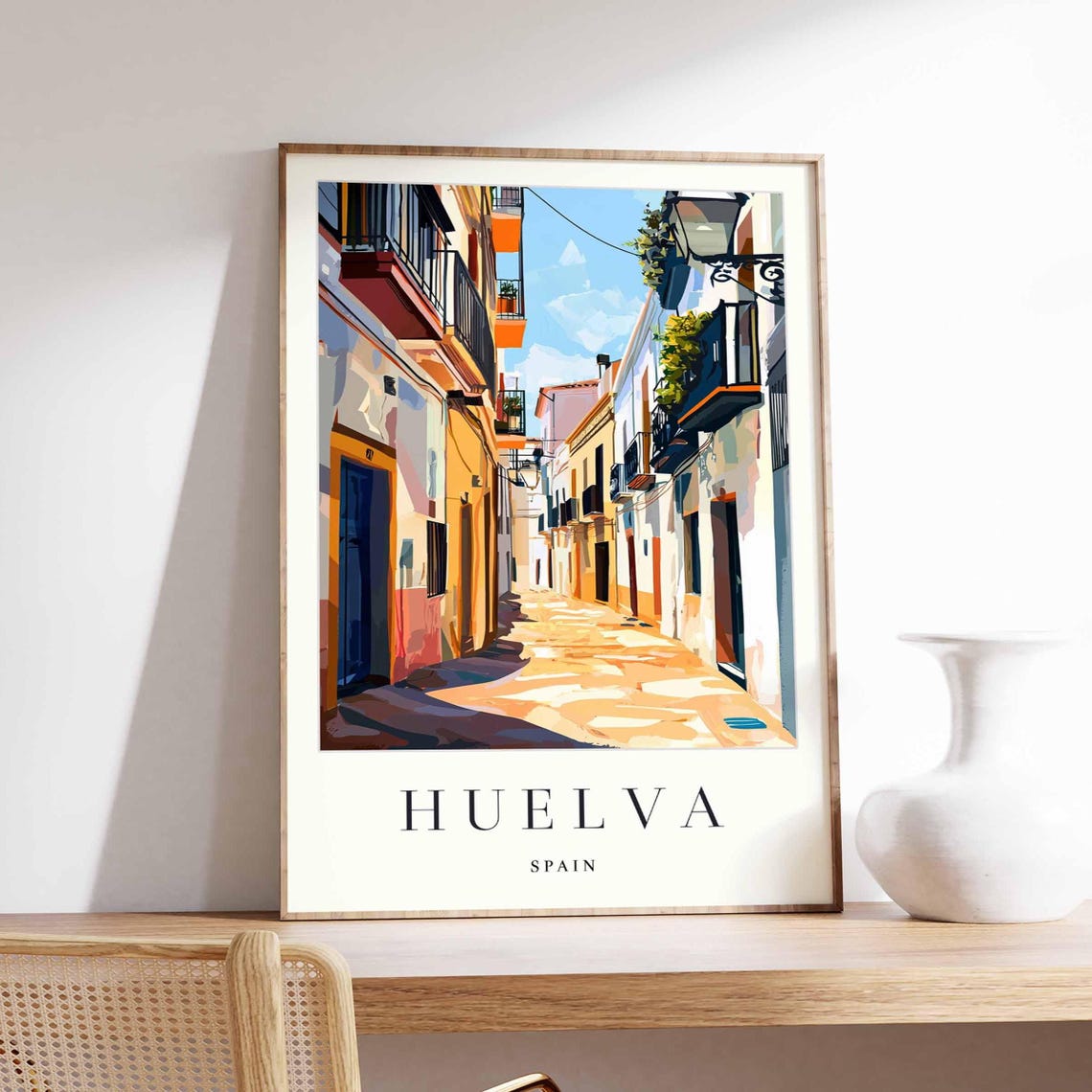Huelva Spain Sunny Old Town Narrow Street Balconies Travel Poster