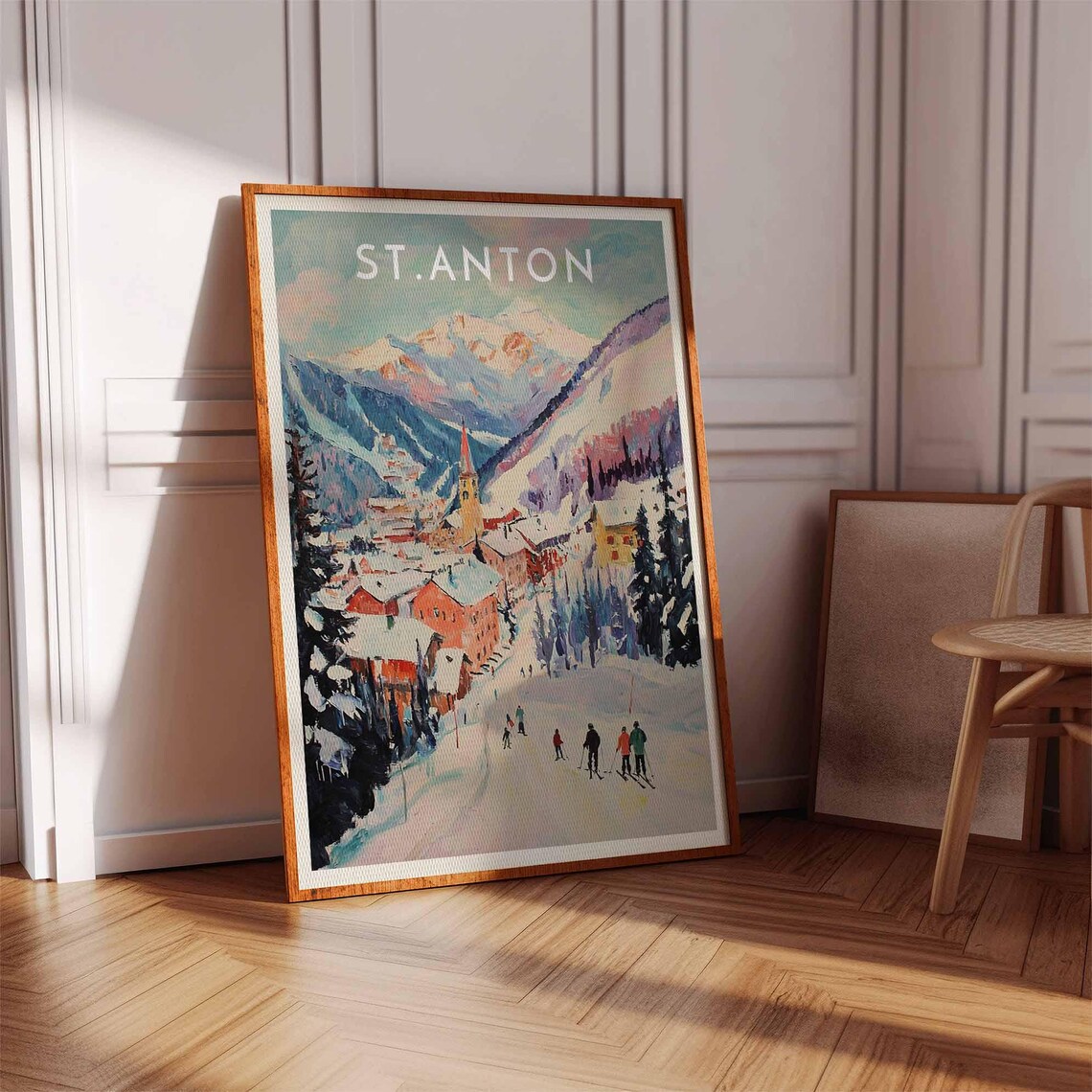 St. Anton Austria Watercolor Church Spire and Skiers Resort Poster - Image 3