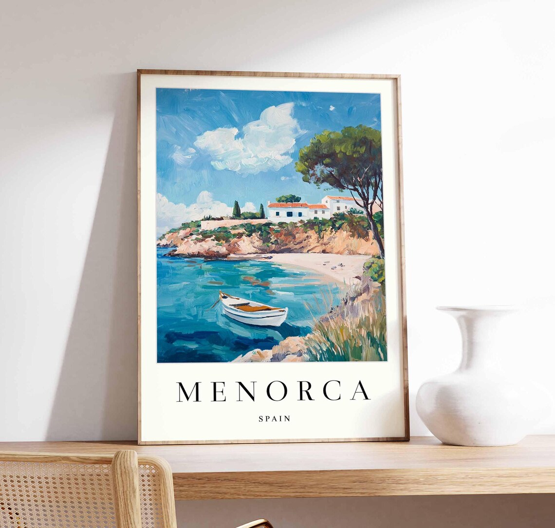 Vintage Menorca Spain Coastal Cove Mediterranean Travel Poster