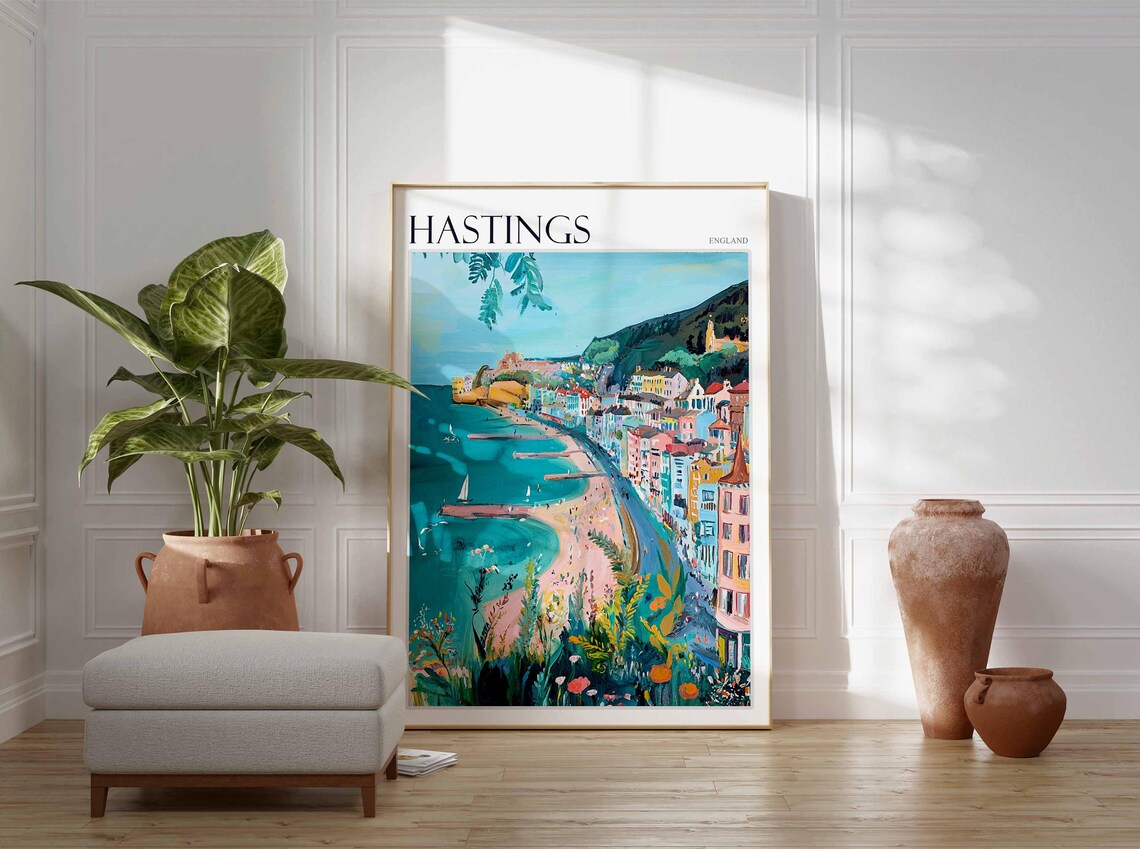 Hastings Pier Sailboats Blooming Gardens Colorful Seafront Travel Poster - Image 3