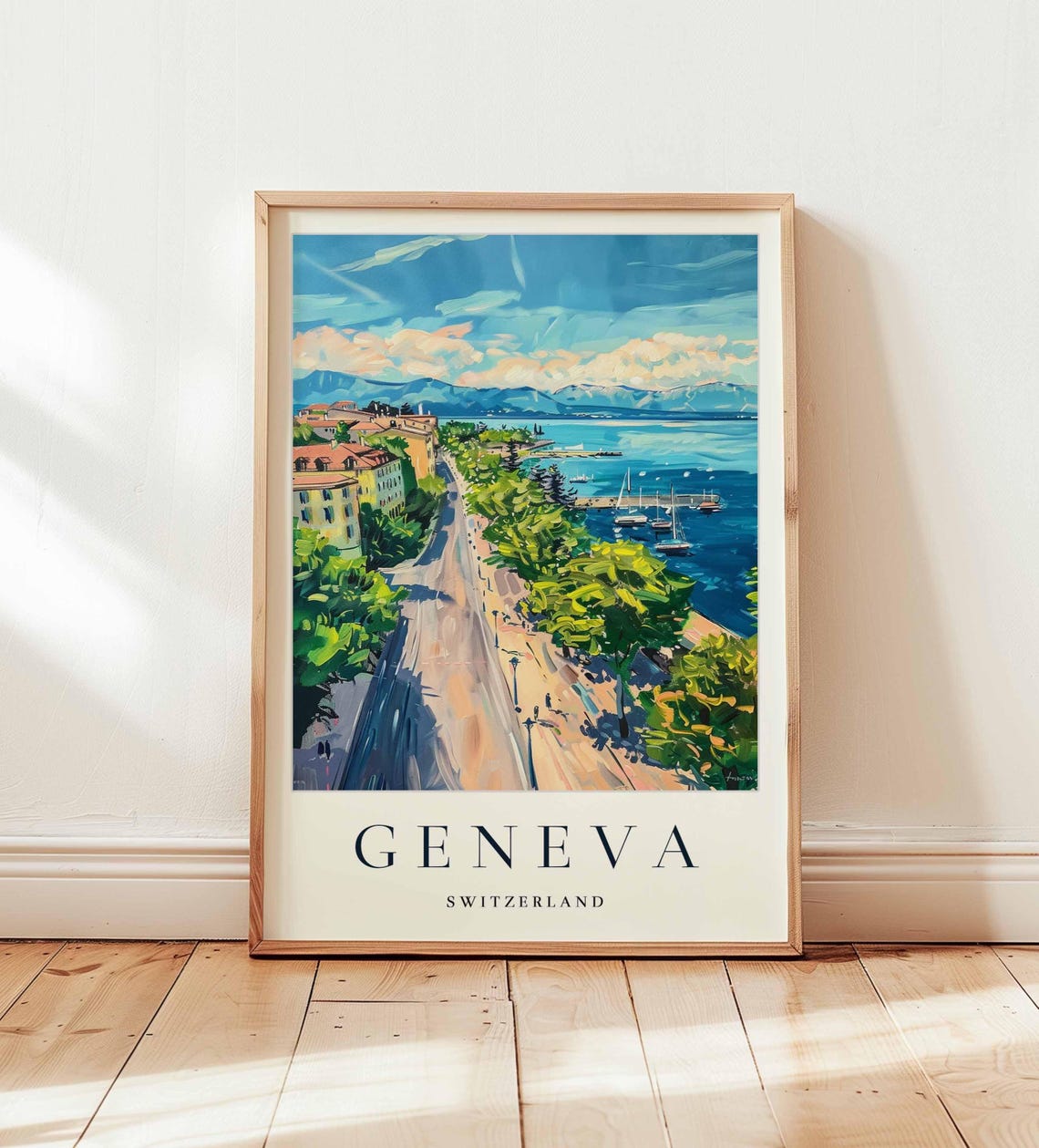 Geneva Switzerland Lakeside Promenade Sailboat Art Soft Poster