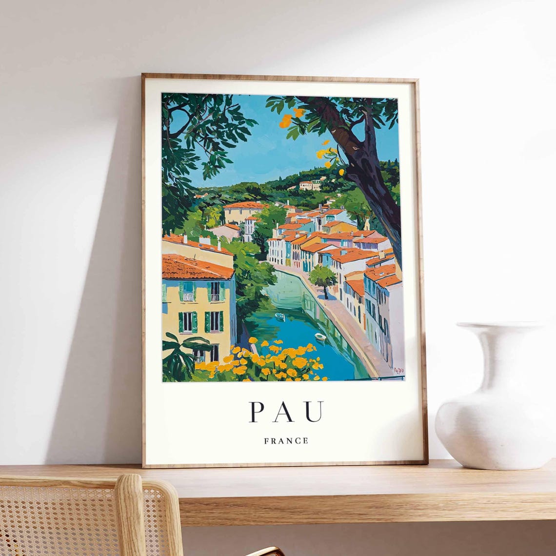 Pau France Riverside Old Town Terracotta Rooftops Travel Poster