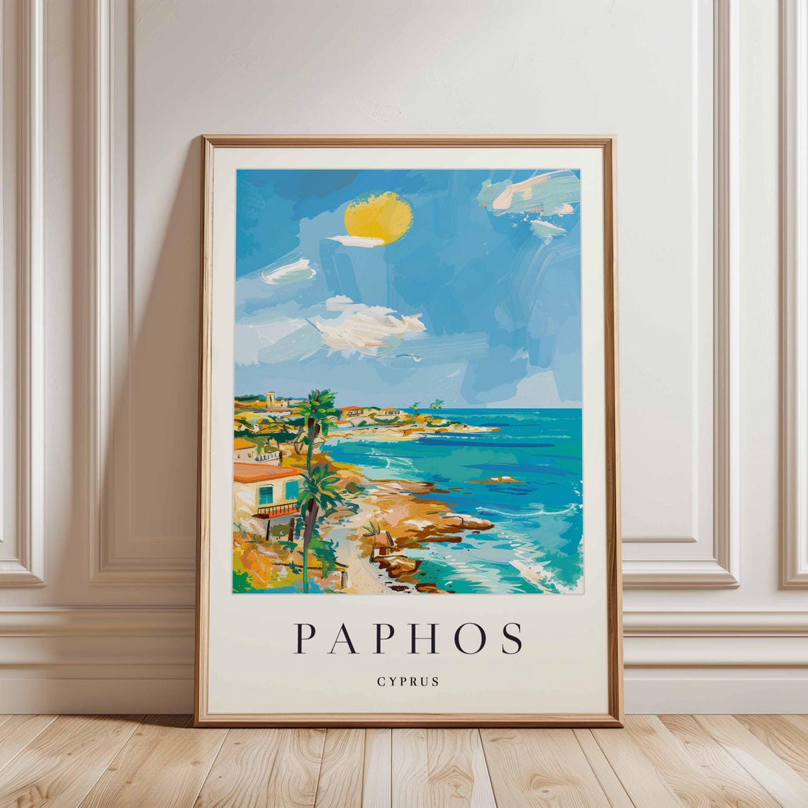 Paphos Cyprus Sunny Mediterranean Coast Palm Trees Beach Houses Poster - Image 3