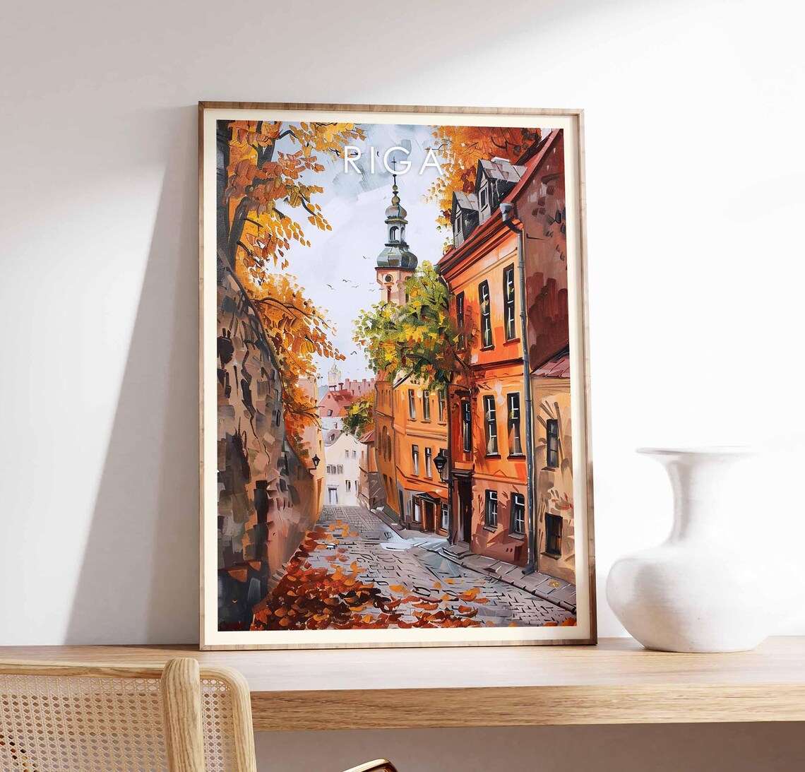 Riga Latvia Old Town Autumn Cobblestone Street Church Poster
