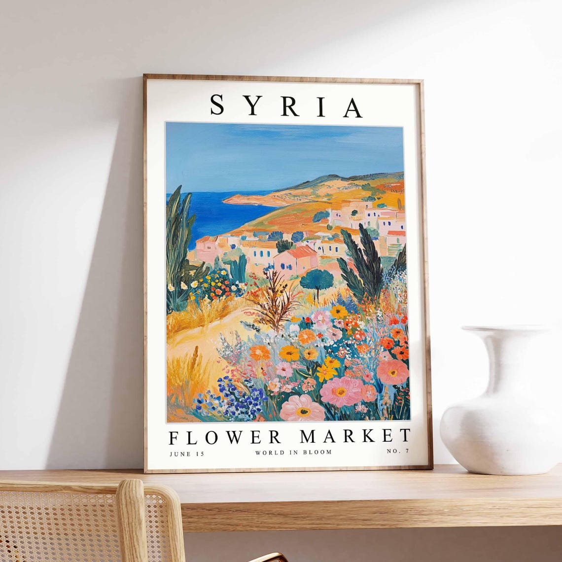 Syria Sunny Coastal Hillside Town Wildflower Meadow View Poster