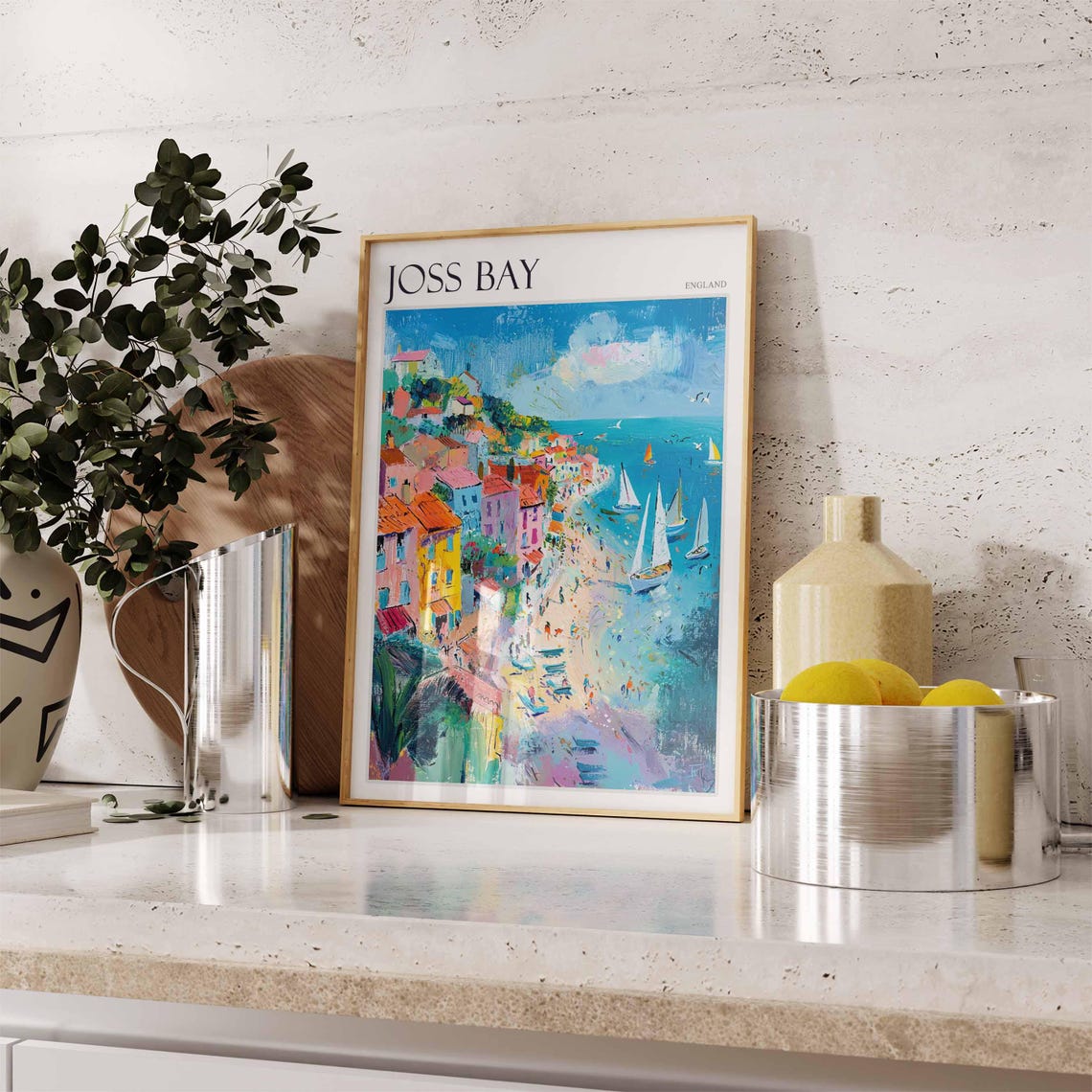 Joss Bay England Colorful Cliffside Town Beach Sailboats Poster - Image 2