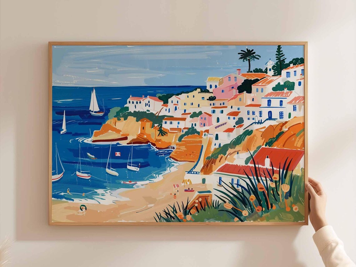 Algarve Portugal Coastal Village Sailboats Mediterranean Beach Poster