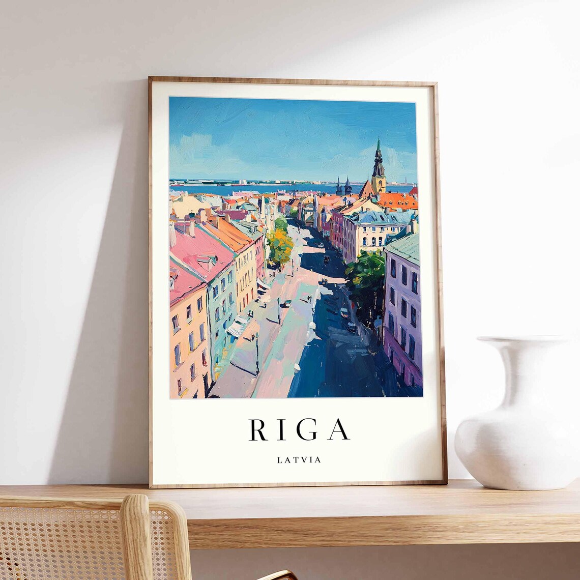 Riga Latvia Aerial View Of Old Town Street To Church Travel Poster