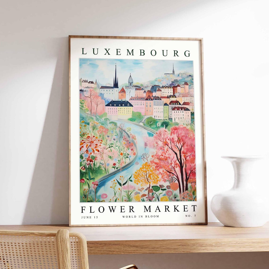 Luxembourg Flower Market Blossom Town Winding River Spires Poster