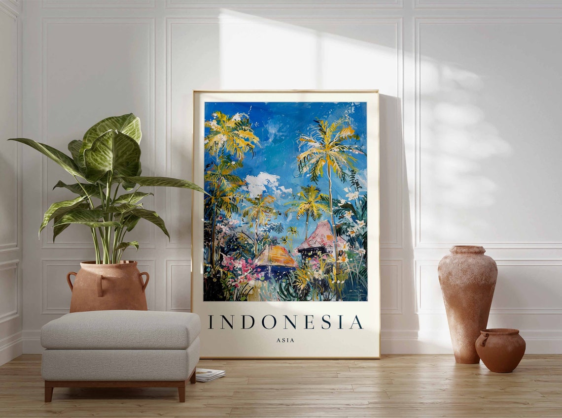 Indonesia Asia Palm Trees Tropical Huts Colorful Painting Poster - Image 2