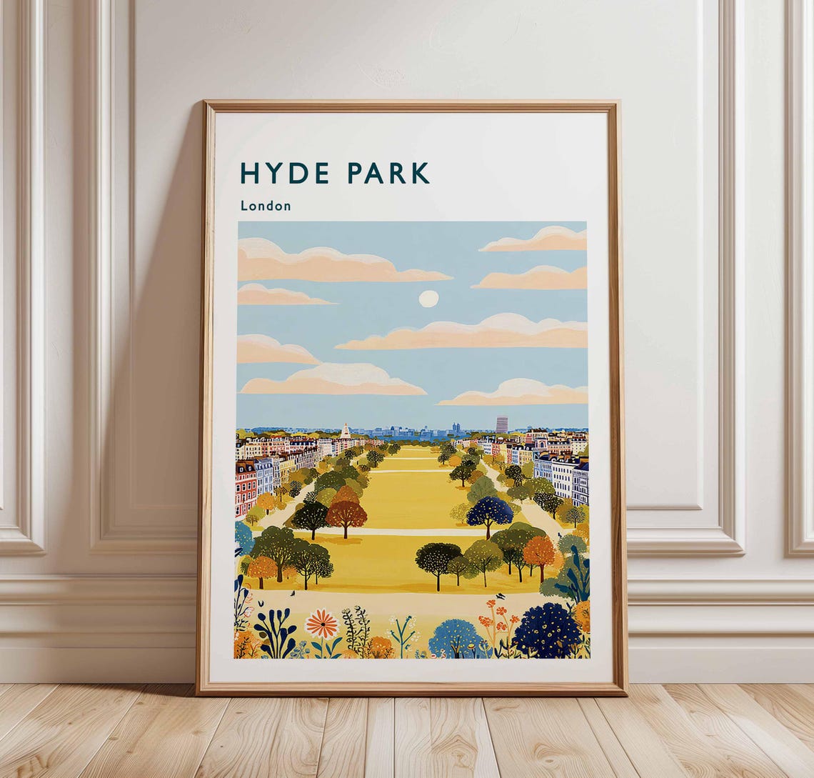 Hyde Park London Autumn Park Skyline Panoramic Travel Poster