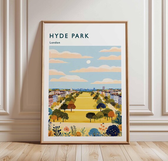 Hyde Park London Autumn Park Skyline Panoramic Travel Poster