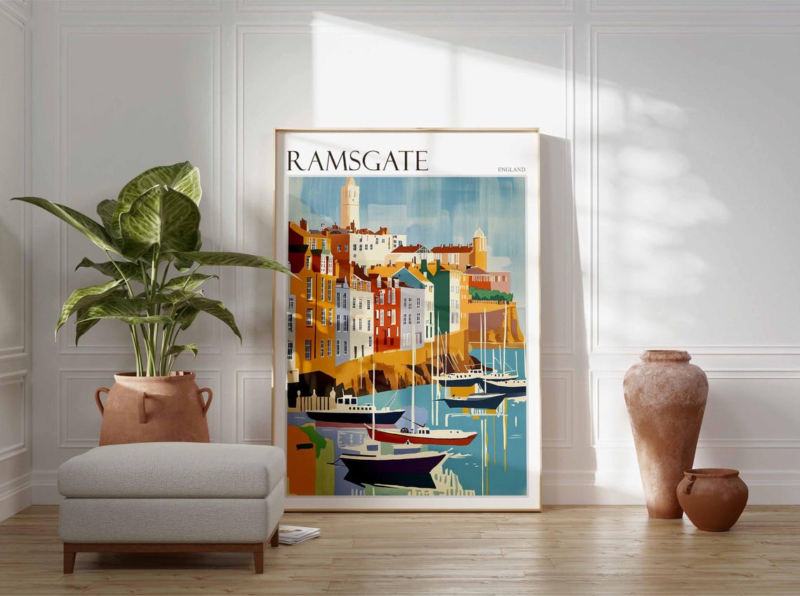 Ramsgate England Retro Harbor Boats Hillside Town Scene Poster - Image 4