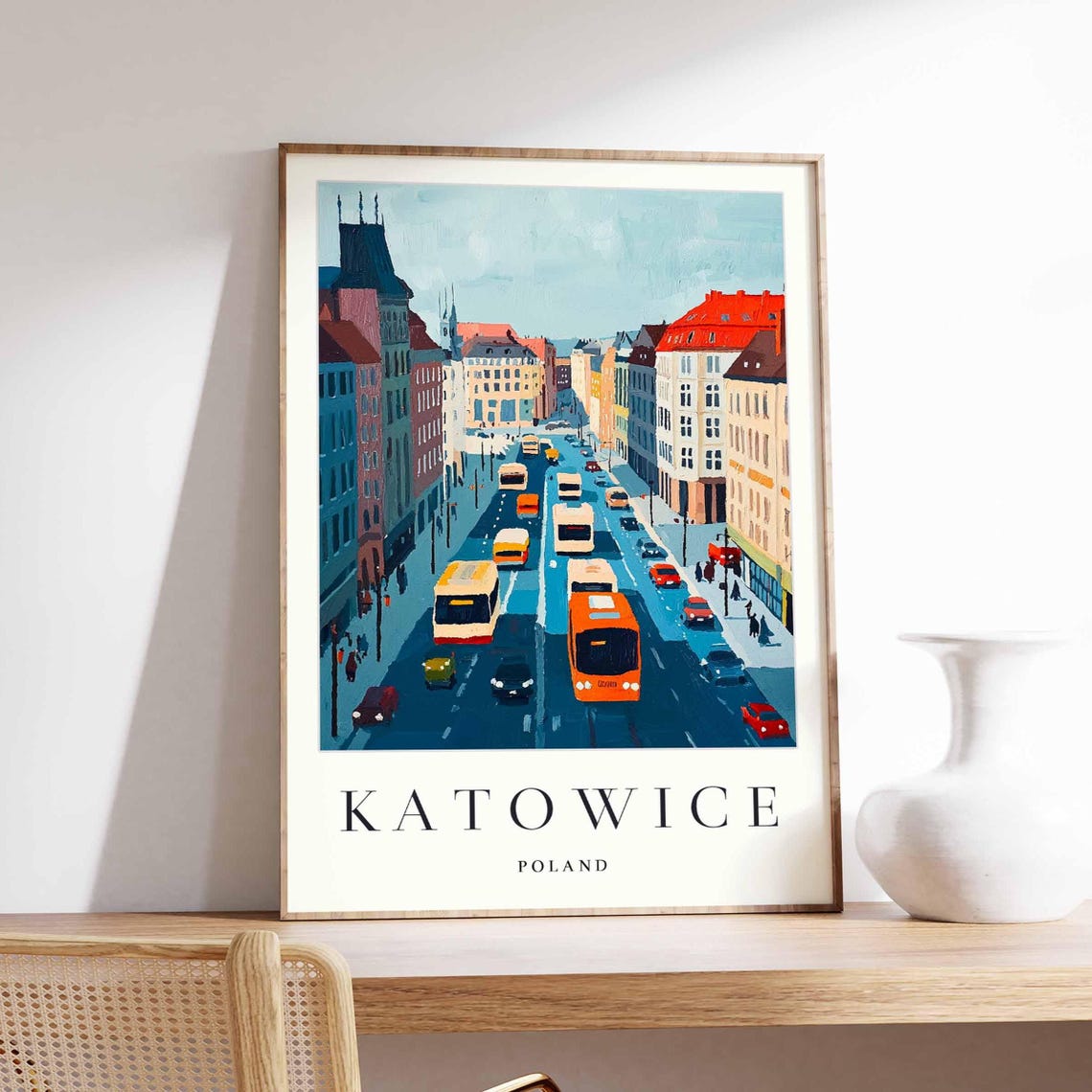 Katowice Poland Busy Avenue Buses Historic Buildings Street Poster