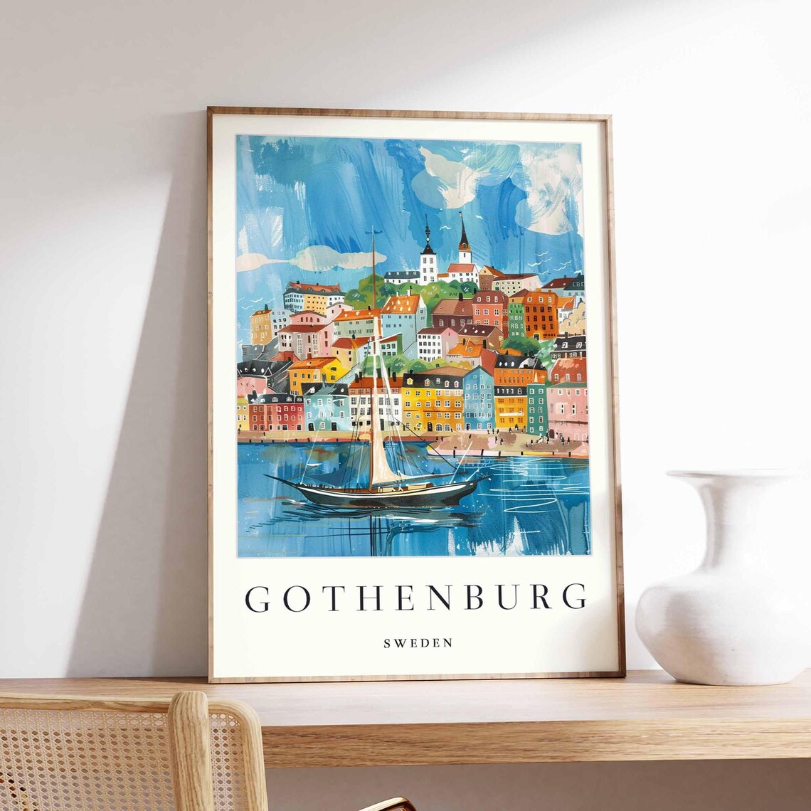Gothenburg Sweden Sailboat Cityscape Watercolor Scandinavian Art Poster