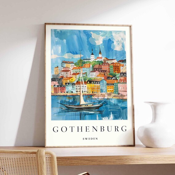 Gothenburg Sweden Sailboat Cityscape Watercolor Scandinavian Art Poster