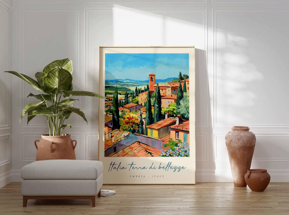 Umbria Italy Village Rooftops Bell Tower Bold Impasto Painting Poster - Image 3