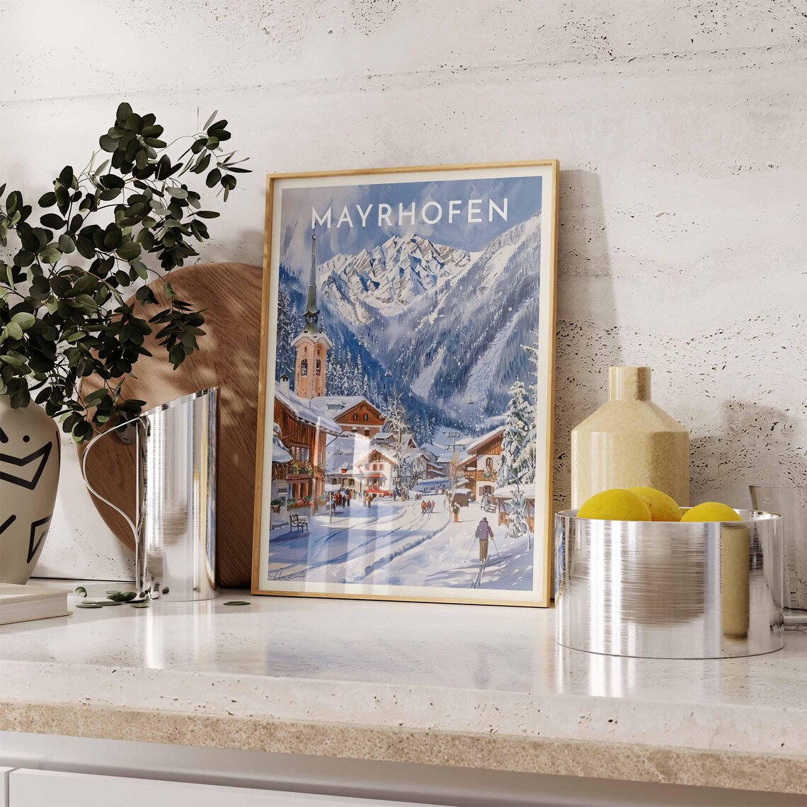 Mayrhofen Alpine Church Spire Snow Street Village Winter Poster - Image 2