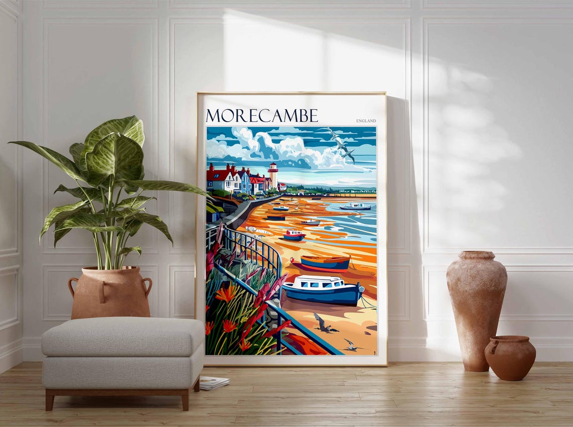Morecambe England Low Tide Boats Golden Sand Lighthouse Poster - Image 3
